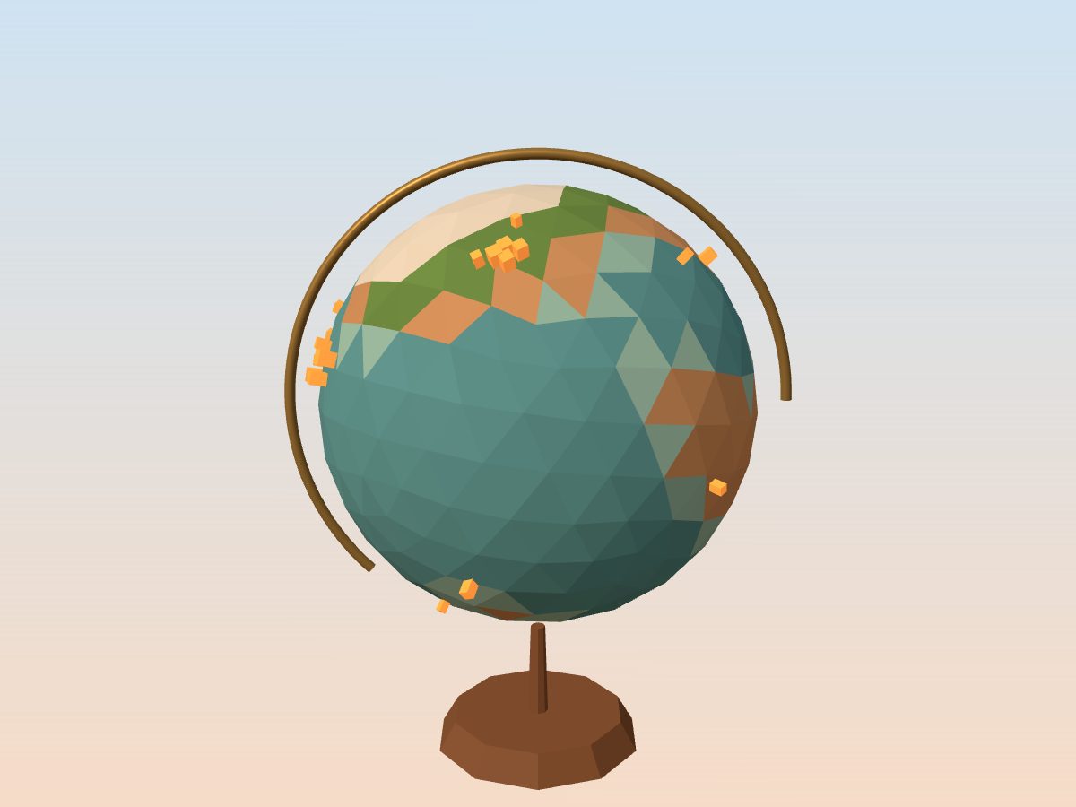 A toy globe of Earth with small glowing AI buildings